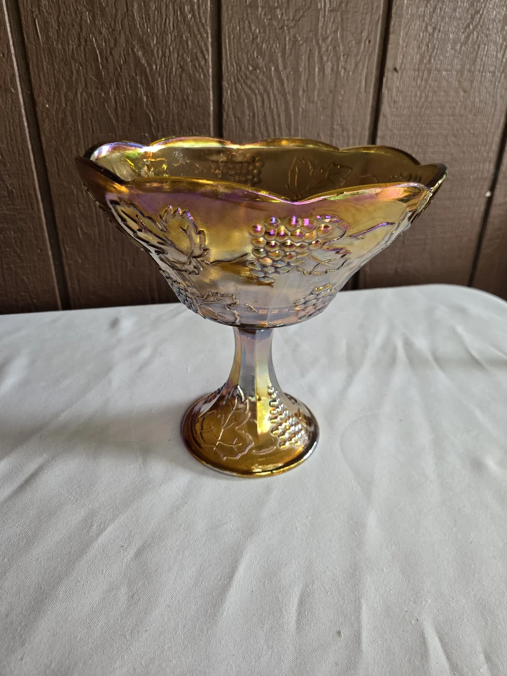 Vintage Indiana Marigold Amber Carnival Glass Harvest Grape Design Compote
